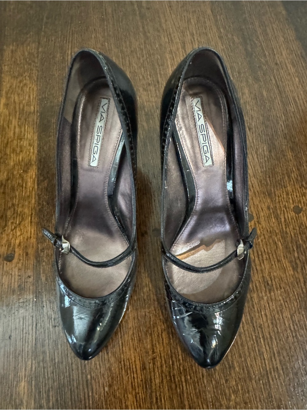 Via Spiga Black Patent Pointed Mary Jane Heels